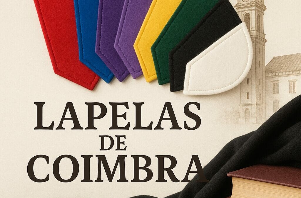 Sete lapelas de feltro em diferentes cores (vermelho, azul, roxo, amarelo, verde, preto e branco) dispostas em leque sobre uma capa académica preta e dois livros antigos. Ao fundo, um desenho da Torre da Universidade de Coimbra. As palavras "LAPELAS DE COIMBRA" em letras grandes e castanhas na parte superior central.