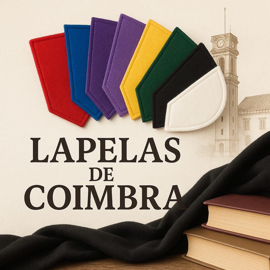 Sete lapelas de feltro em diferentes cores (vermelho, azul, roxo, amarelo, verde, preto e branco) dispostas em leque sobre uma capa académica preta e dois livros antigos. Ao fundo, um desenho da Torre da Universidade de Coimbra. As palavras "LAPELAS DE COIMBRA" em letras grandes e castanhas na parte superior central.