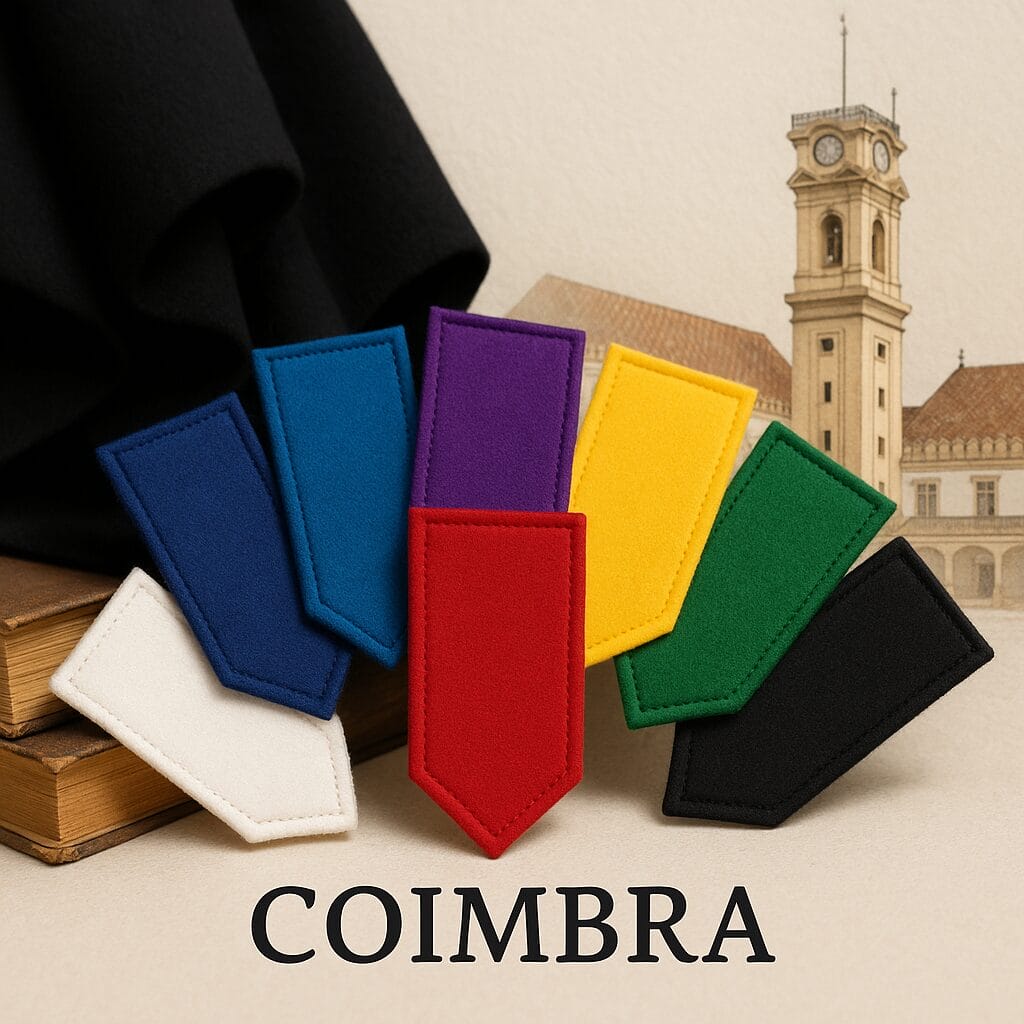 Lapelas académicas de Coimbra de várias cores (branco, azul escuro, azul claro, roxo, vermelho, amarelo, verde e preto) dispostas em leque sobre uma capa académica preta e livros antigos, com a Torre da Universidade de Coimbra ao fundo e a palavra 'COIMBRA' em destaque. Imagem promocional do Ateliê Mil Agulhas.