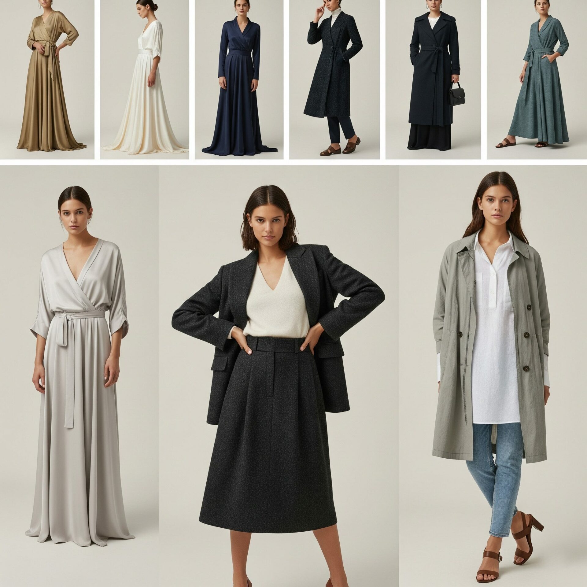 Uma colagem de nove imagens exibindo mulheres com diversos estilos de roupa elegantes, incluindo vestidos longos e fluidos, casacos, fatos de saia e blusas, em tons neutros como creme, bege, cinzento e azul escuro, e tecidos como seda, lã e ganga.