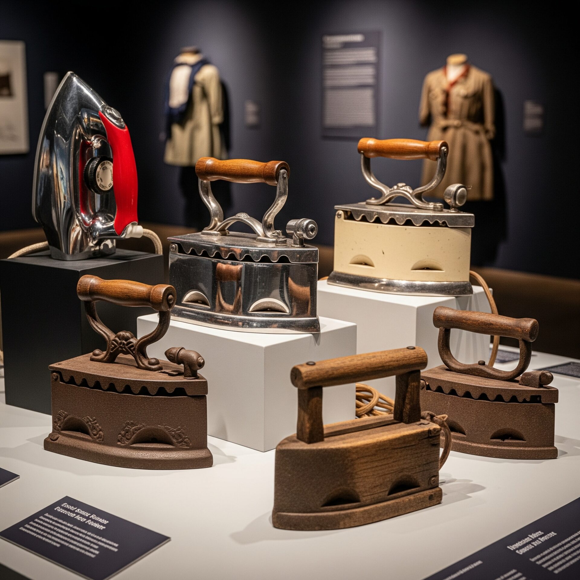 Uma exposição de cinco ferros de engomar antigos de diferentes épocas e materiais, incluindo um modelo elétrico cromado vermelho, ferros a carvão e a seco em ferro fundido, dispostos em pedestais brancos sobre uma mesa. Ao fundo, peças de vestuário em manequins desfocados.