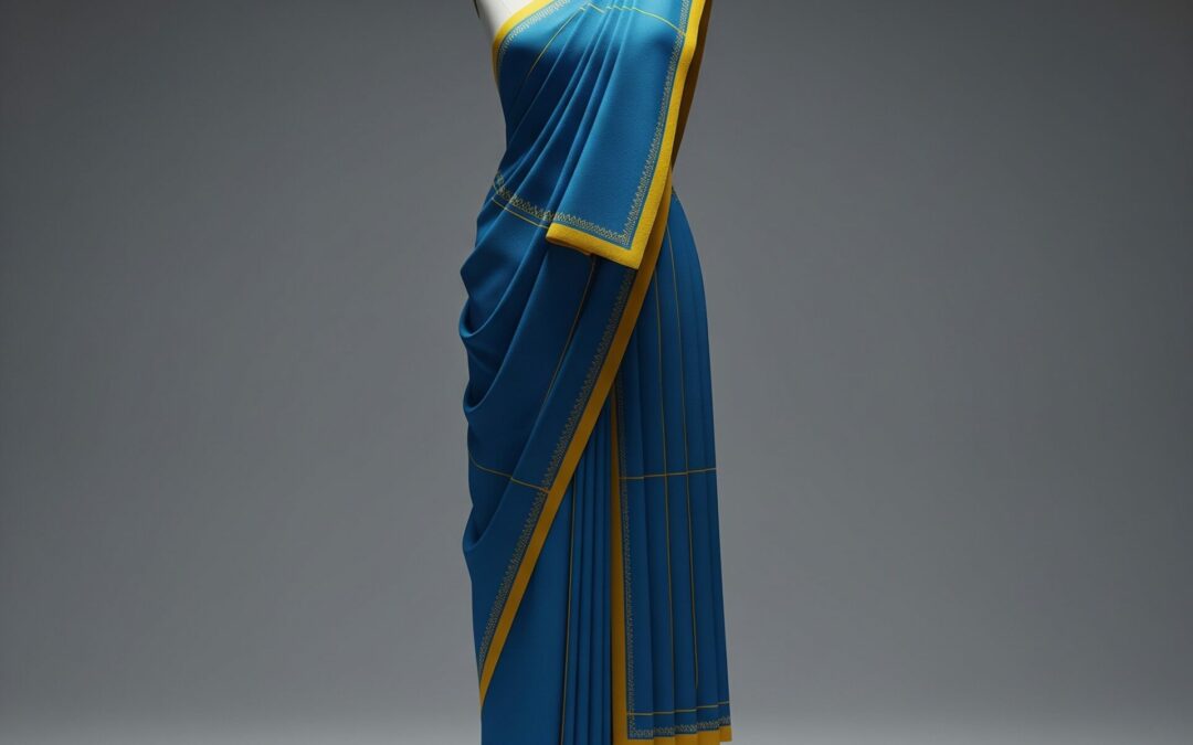 Um manequim exibe um saree azul vibrante com bordas amarelas e detalhes dourados, artisticamente drapeado sobre um ombro. O manequim está sobre uma base circular branca em um fundo cinza suave.