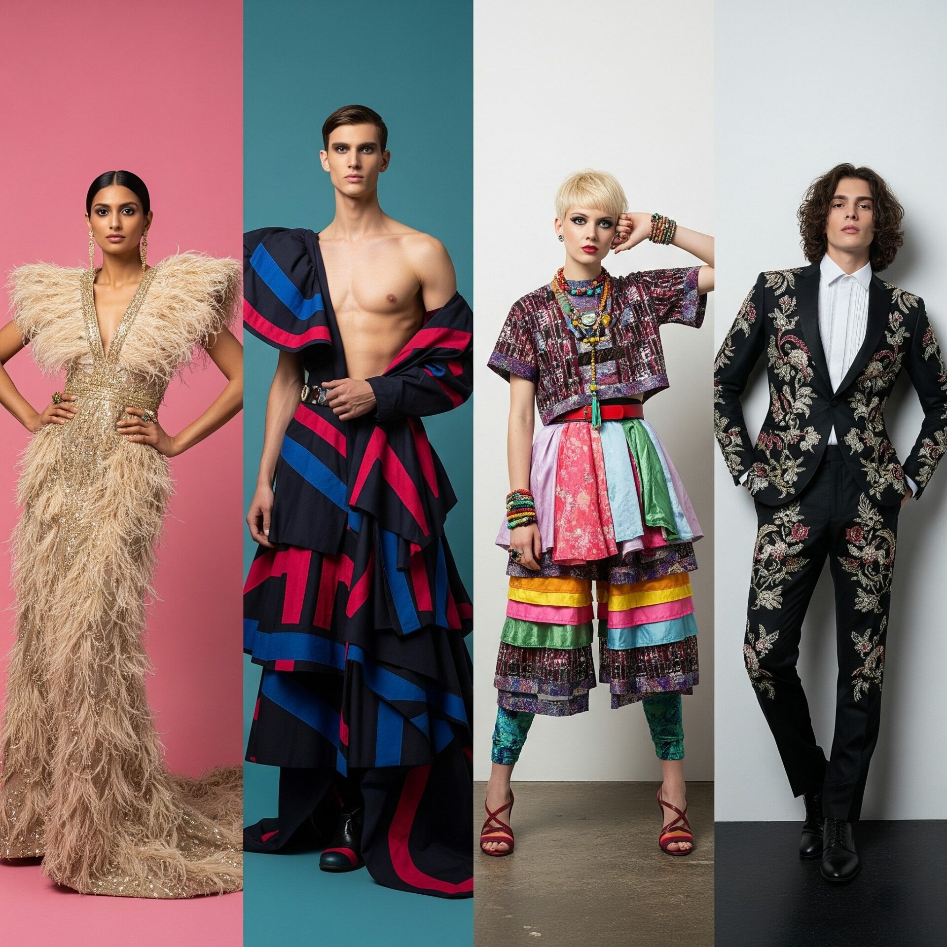 Quatro modelos posando em roupas extravagantes e diversas feitas sob medida, exibindo estilos que variam de um vestido de gala com plumas e lantejoulas a um terno bordado, um casaco assimétrico geométrico e um conjunto colorido de patchwork.