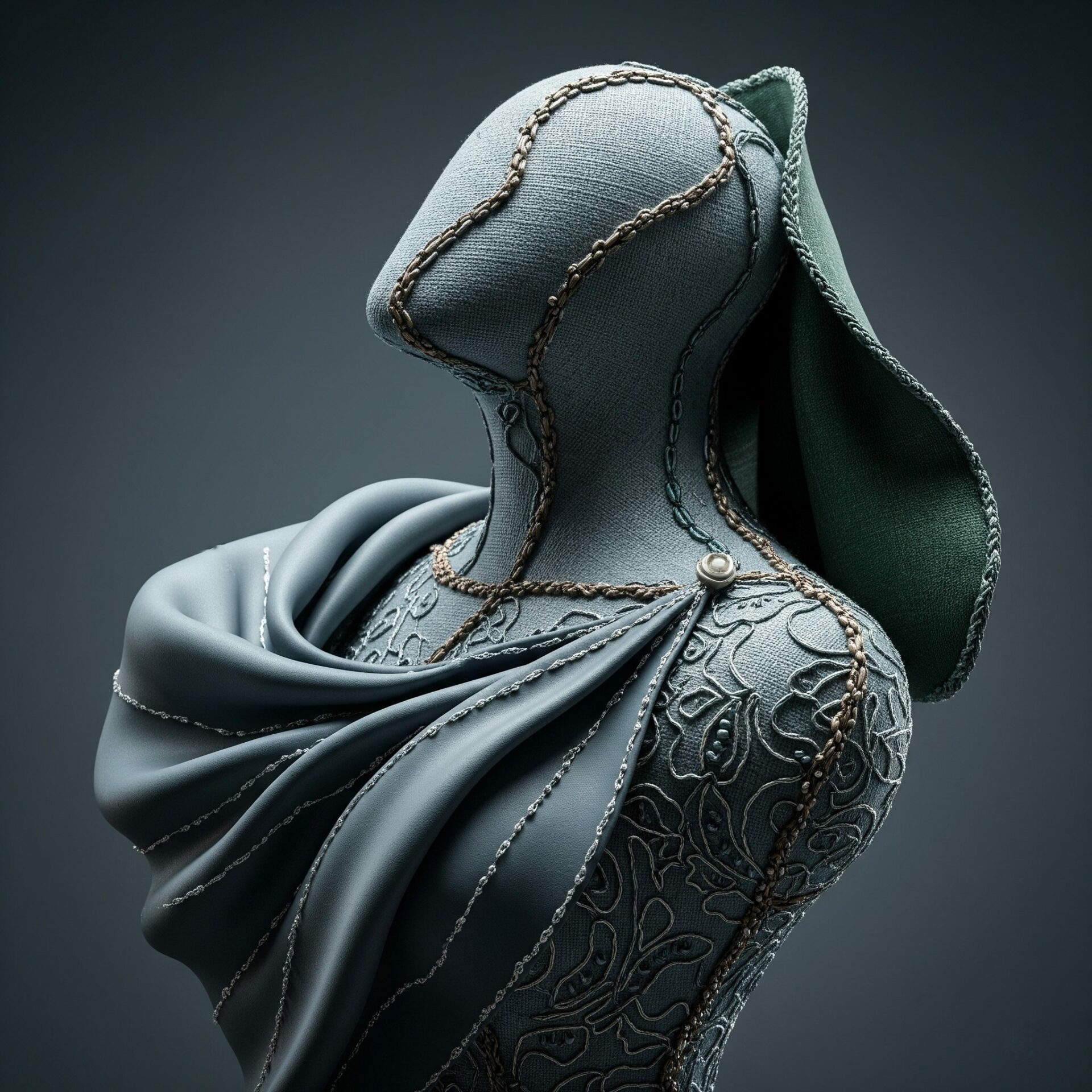Escultura abstrata de um busto feminino em tecido cinza-azulado com detalhes de costura decorativa e bordados em relevo, simbolizando a arte da costura como expressão tridimensional.
