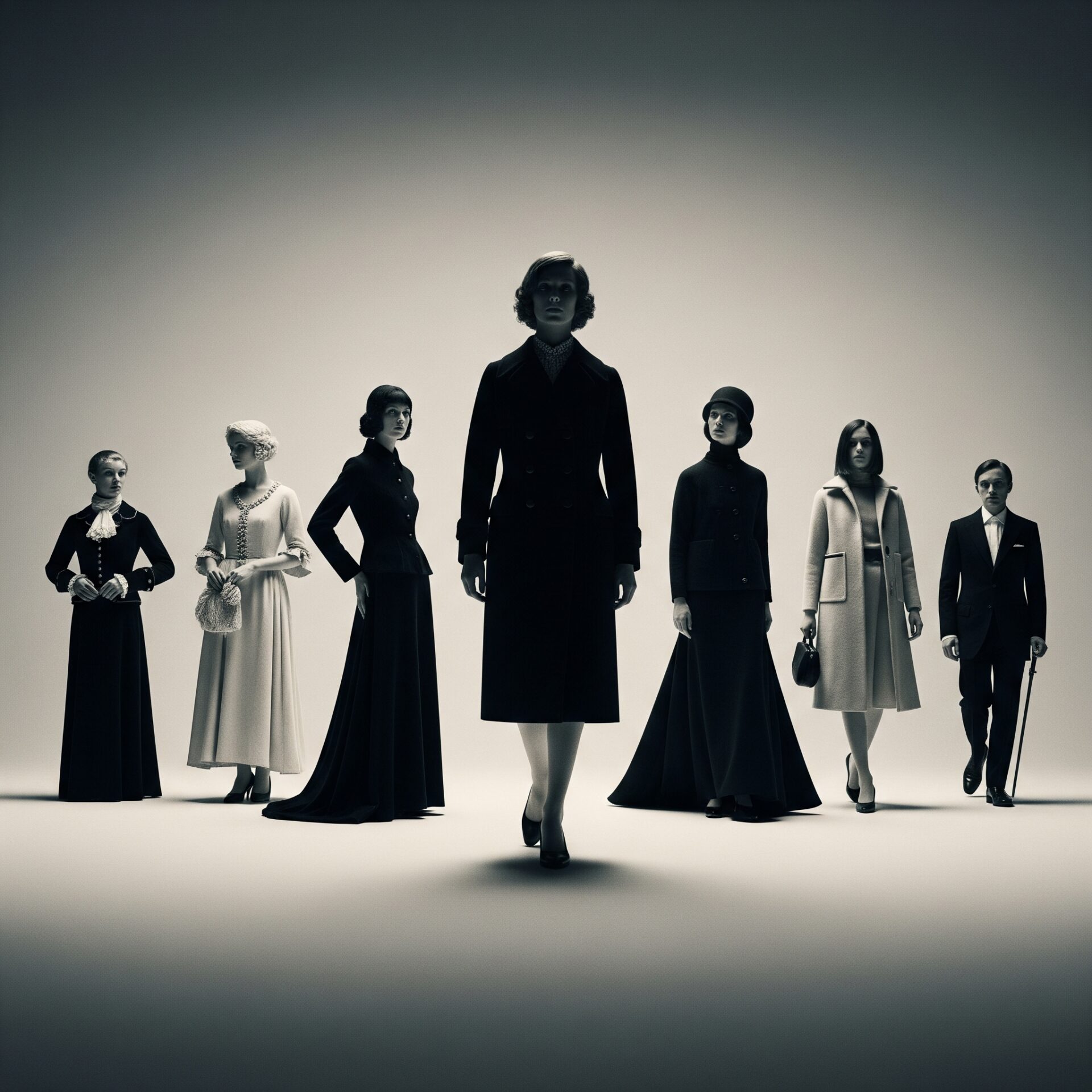 Sete figuras, seis mulheres e um homem, vestidas com trajes clássicos e elegantes em tons de preto, branco e creme, representando diferentes eras da moda, dispostas em fila contra um fundo neutro. A figura central feminina veste um casaco lon e escuro.