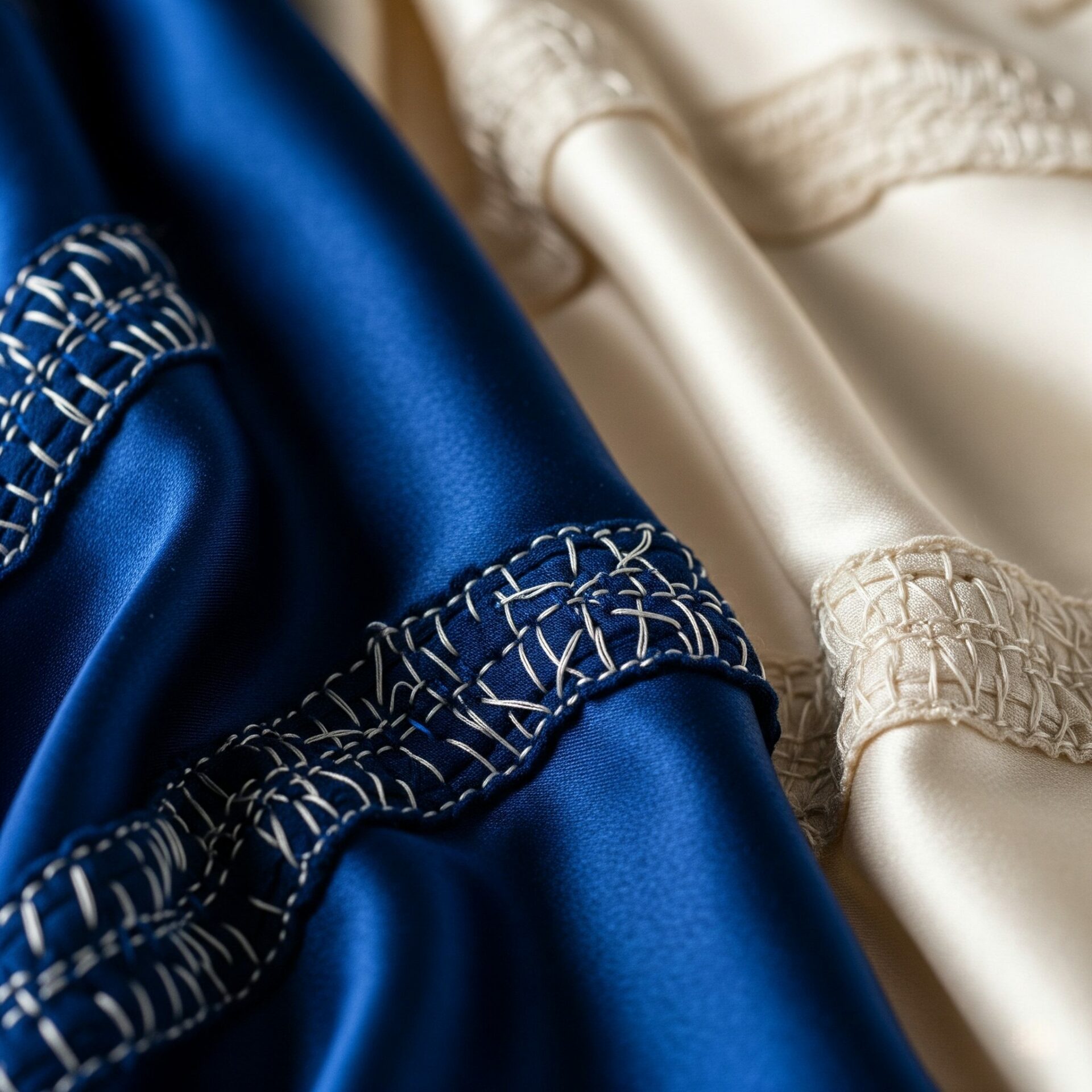 Tecido de seda azul marinho e creme com detalhes de bordado, simbolizando a qualidade dos trabalhos feitos com uma máquina de costura bem cuidada.