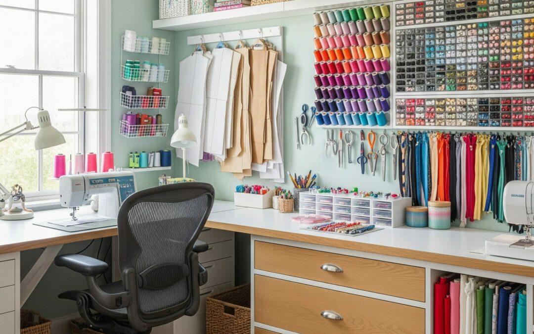 Sala de costura com grande mesa de trabalho, prateleiras com linhas, tecidos e acessórios de costura, e uma cadeira ergonómica.