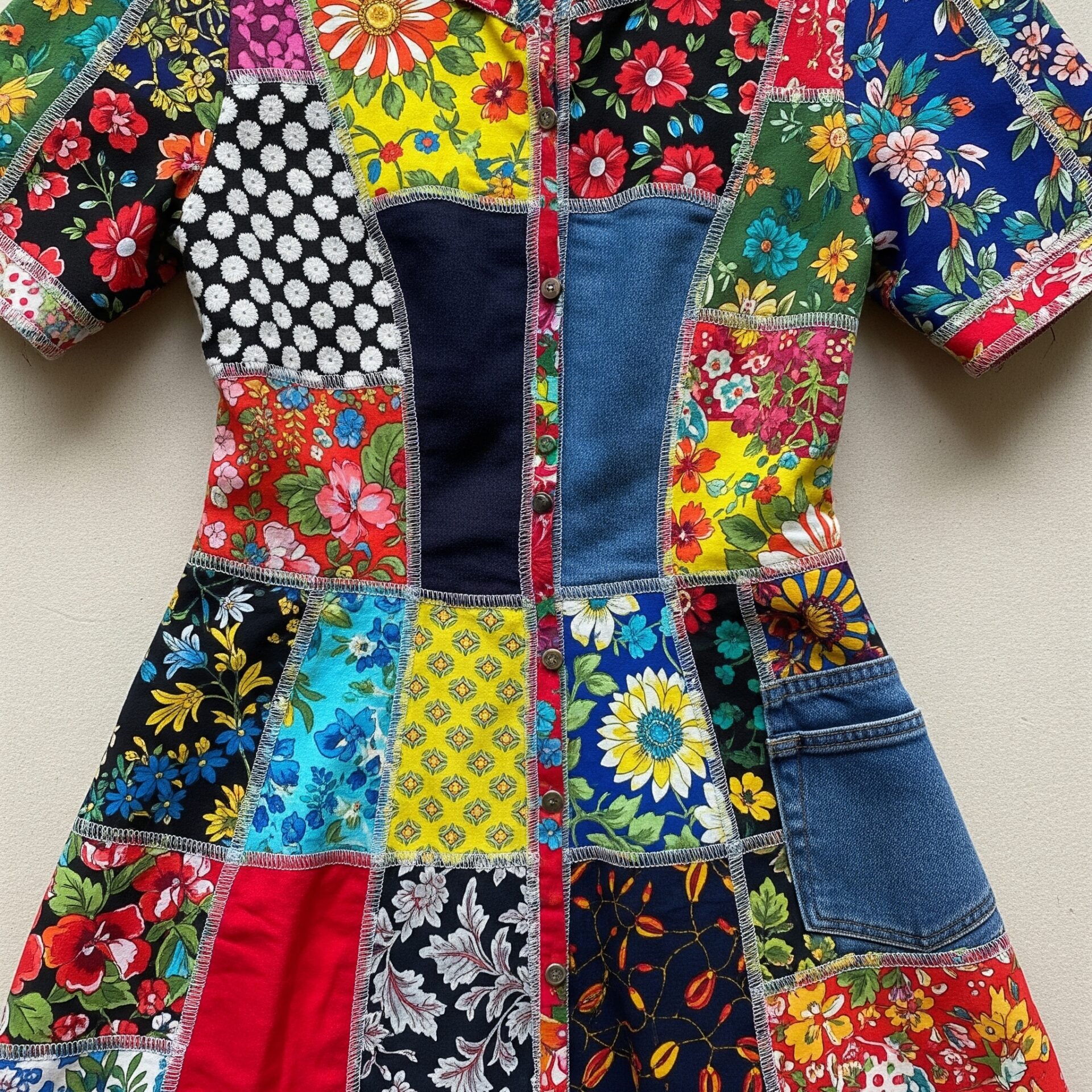 Vestido de patchwork colorido em tons vibrantes e diversos padrões, incluindo florais, bolinhas e ganga, com botões frontais e mangas curtas, exibido na vertical. O design é composto por vários retalhos costurados entre si.