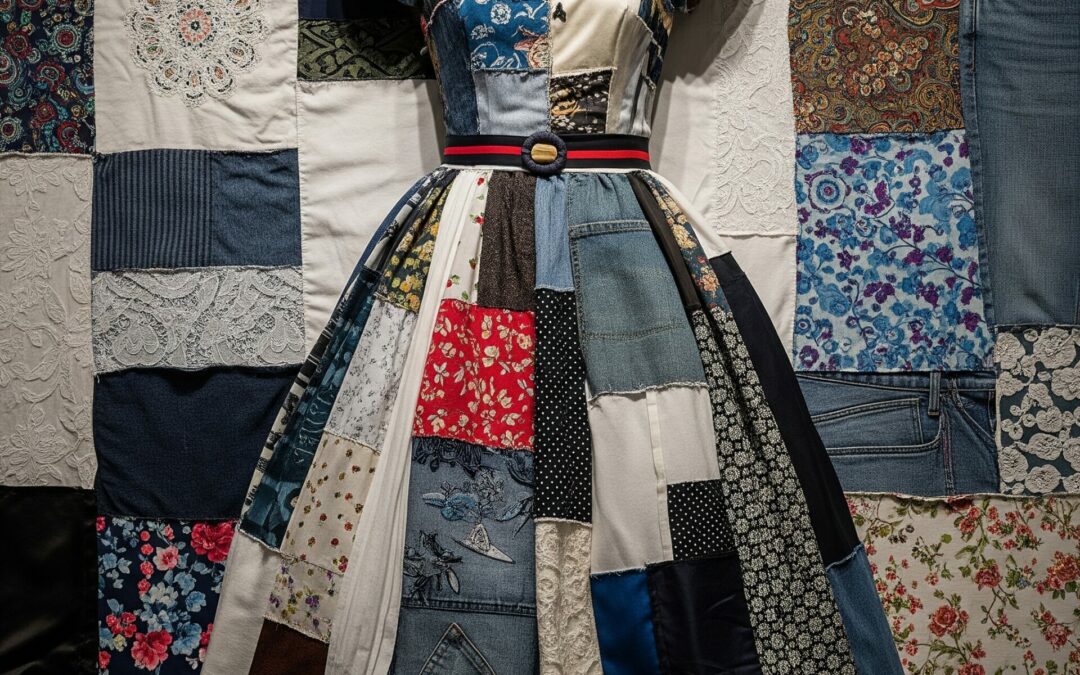 Vestido de patchwork colorido com saia rodada e mangas bufantes curtas, exibido sobre uma colcha de retalhos de fundo que replica o estilo do vestido. Inclui padrões florais, ganga, renda e diferentes texturas de tecido.