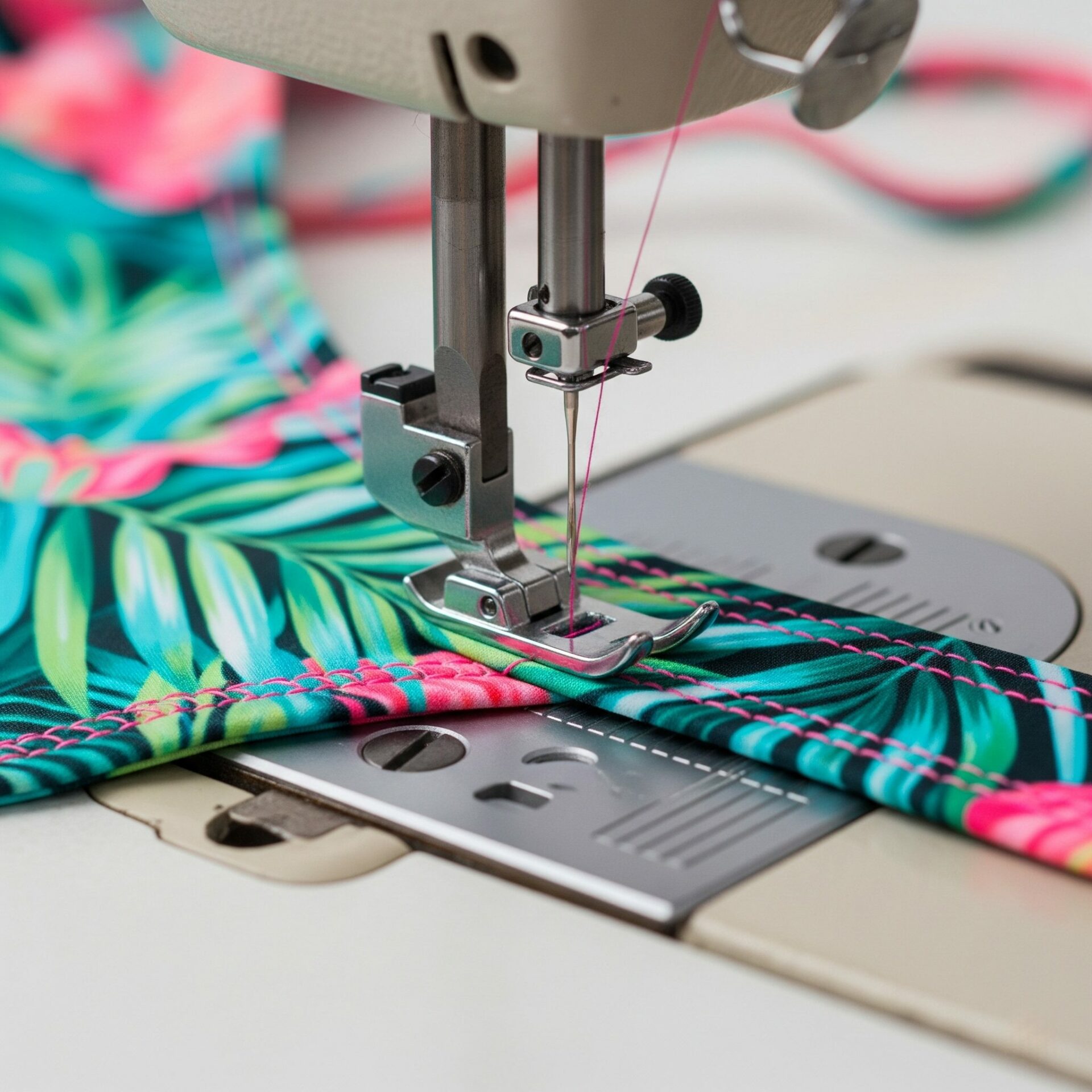 Máquina de costura industrial com linha rosa costurando um tecido de maiô estampado com folhas tropicais verdes e flores cor-de-rosa.