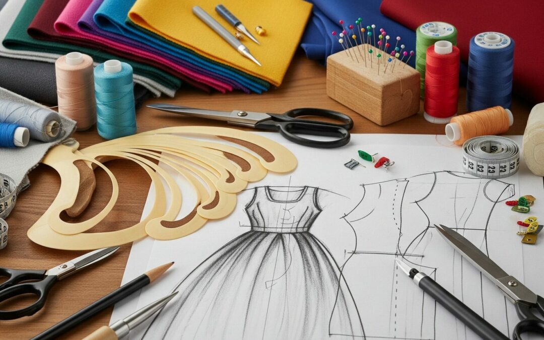 Uma mesa de trabalho de costura com vários tecidos coloridos dobrados, carretéis de linha, tesouras, agulhas, alfinetes num almofada, fita métrica, moldes de roupa e lápis. Em destaque, desenhos de vestidos e moldes de papel.