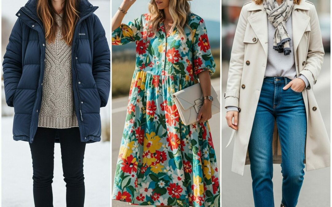 Uma colagem de três imagens, cada uma mostrando uma mulher com um estilo de roupa diferente: uma em roupa de inverno (casaco acolchoado e gorro), outra num vestido floral de verão e chapéu de palha, e a terceira num trench coat, jeans e sapatilhas.