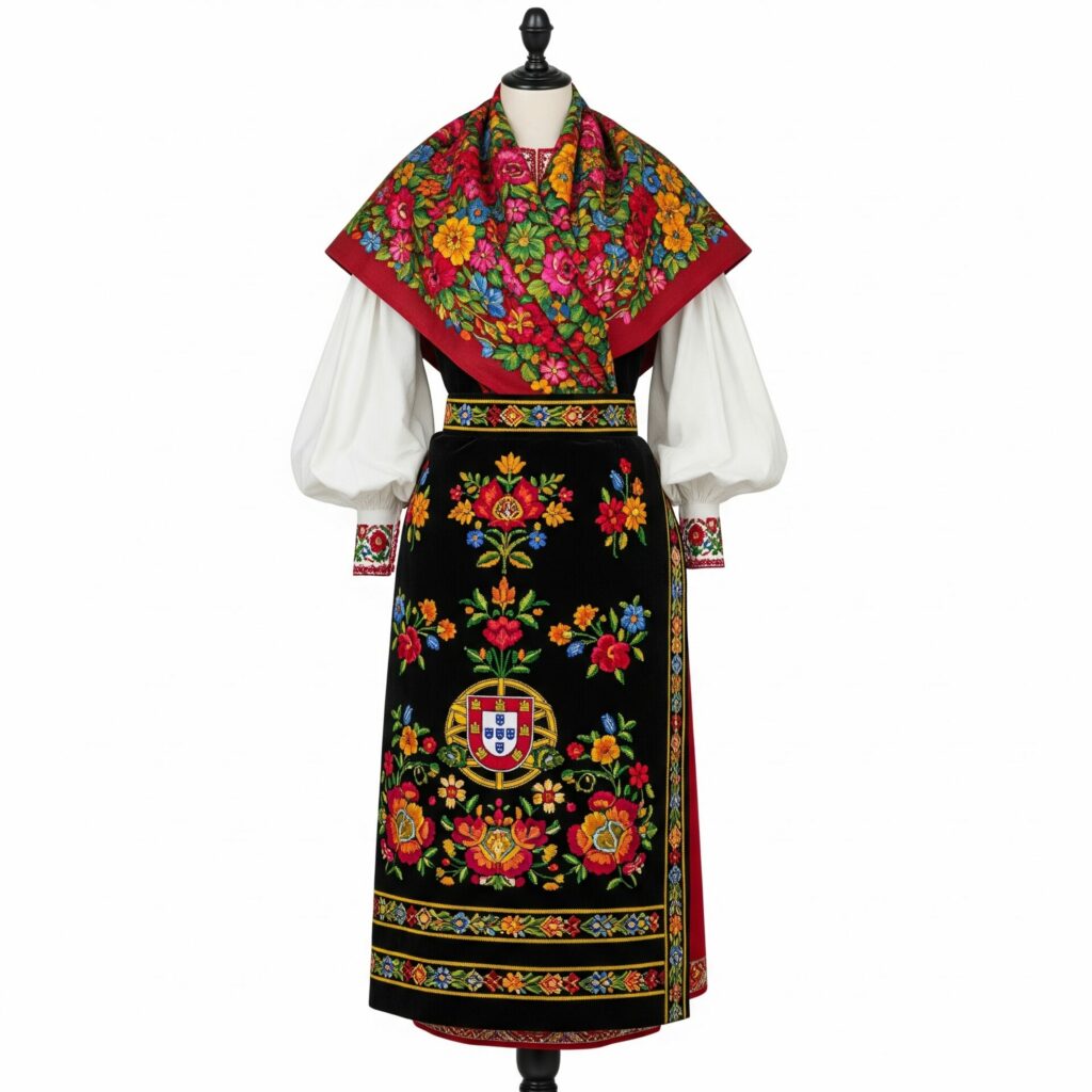 Um manequim exibe um traje tradicional português ricamente bordado em preto, com detalhes florais coloridos e o brasão de Portugal ao centro da saia. O traje inclui uma blusa branca de mangas bufantes e um xale ou lenço floral vermelho sobre os ombros.