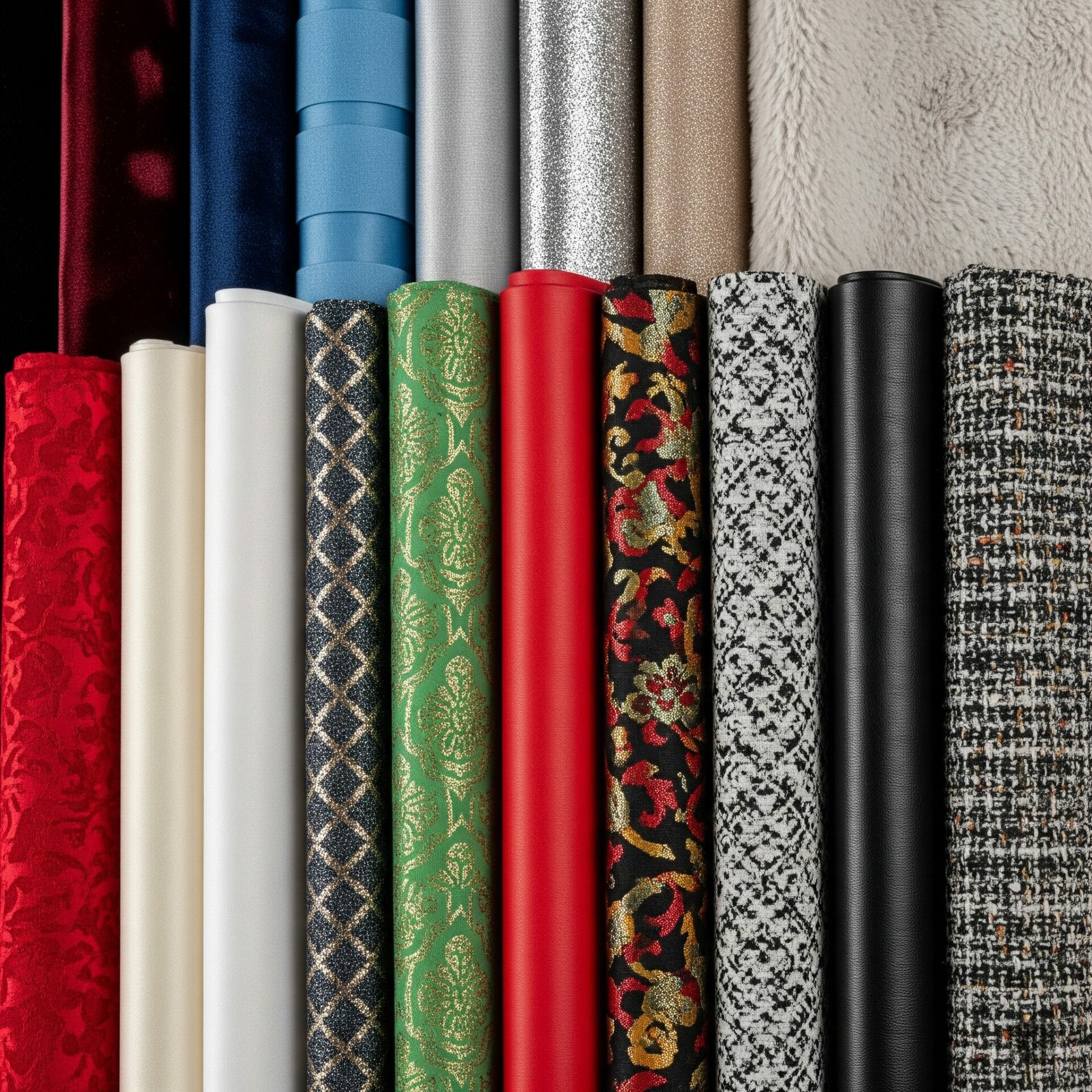 Várias bobinas de diferentes tipos de tecidos enrolados, exibindo uma vasta gama de cores, padrões e texturas, incluindo vermelho estampado, bege liso, branco, azul com padrões geométricos, verde com brocado, vermelho sólido, preto com padrão floral dourado e vermelho, cinza mesclado, preto liso e tweed.