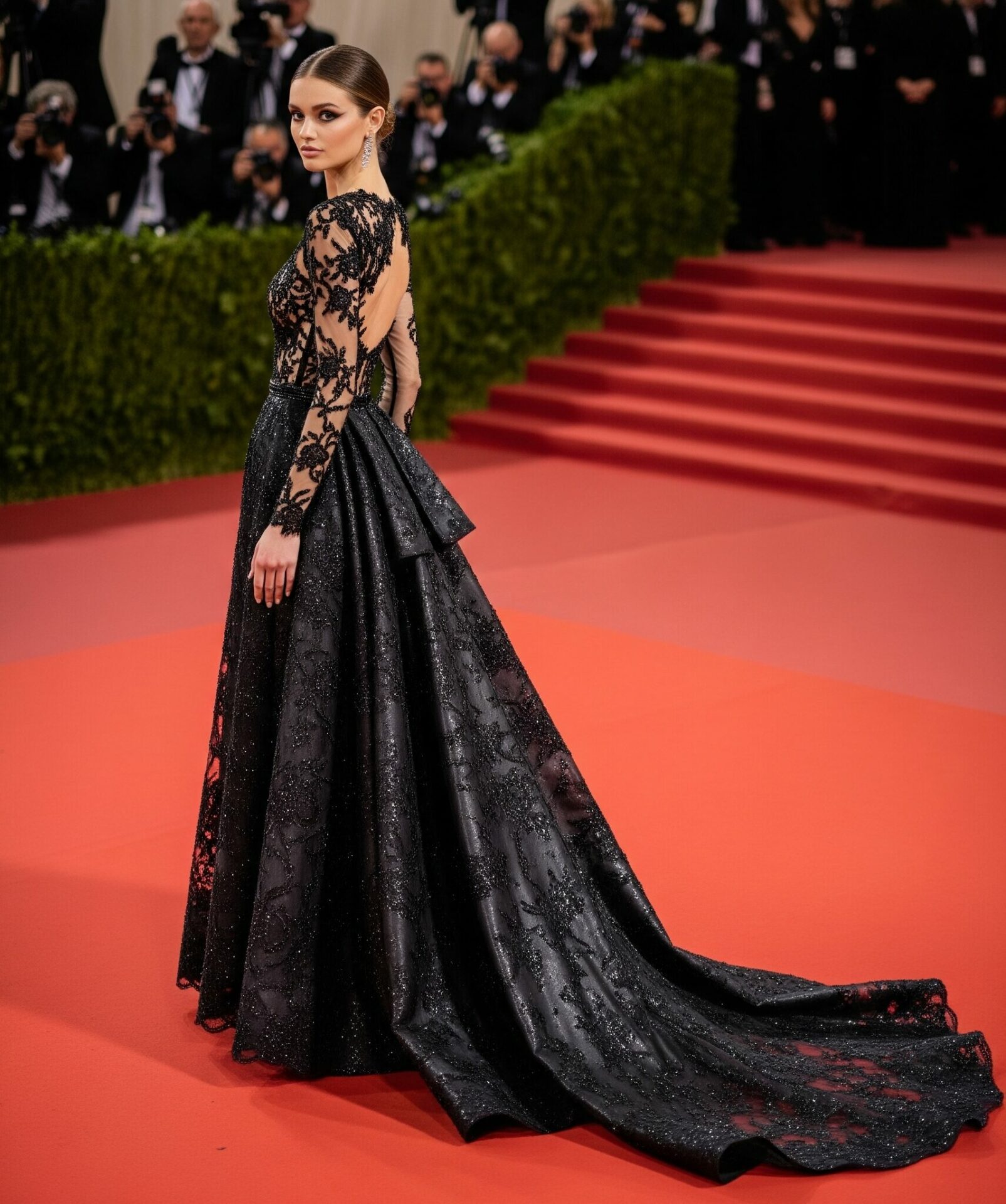 Uma mulher em um deslumbrante vestido longo preto de alta-costura com detalhes em renda e uma longa cauda, posando de costas em um tapete vermelho, com fotógrafos ao fundo.