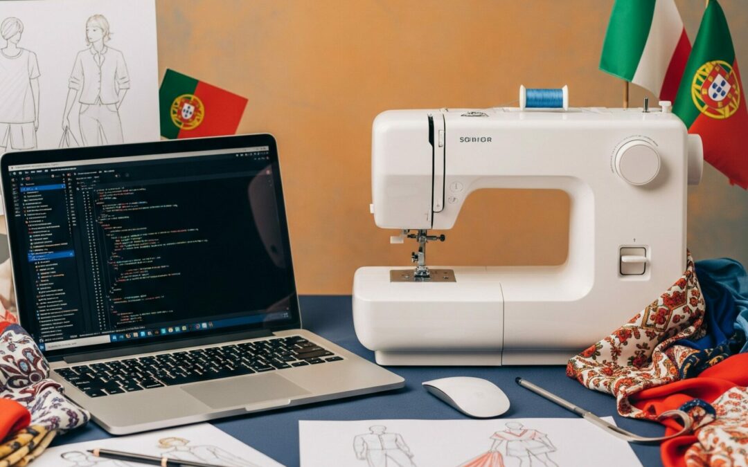 Mesa de trabalho em atelier de moda com laptop exibindo código de programação, máquina de costura branca, esboços de moda, mouse, e ao fundo, bandeiras da Itália e de Portugal com tecidos de padrão português. A imagem representa a fusão de tecnologia e moda através da experiência de um estudante Erasmus.