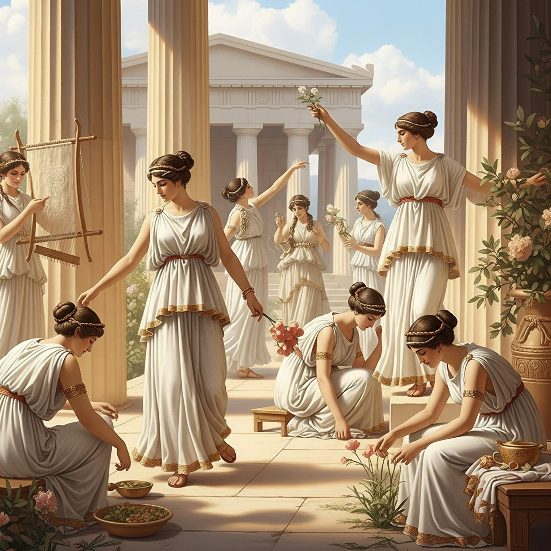 Grupo de mulheres vestidas com chiton (roupas gregas antigas) brancos, adornadas com detalhes dourados e cintos, interagindo em um cenário com colunas e um templo grego ao fundo. Algumas estão com flores, outras em atividades de tecelagem ou jardinagem.
