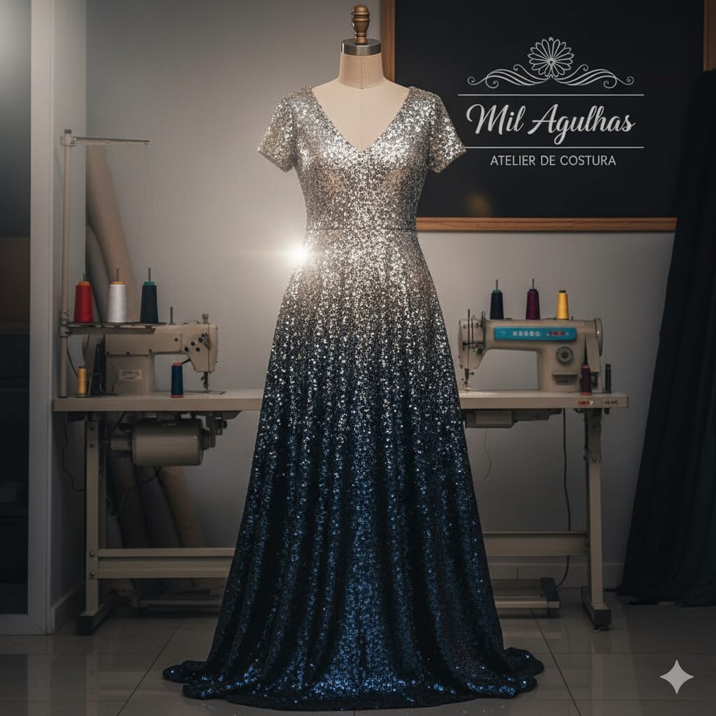 Um vestido longo de festa com lantejoulas, exibido em um manequim em um ateliê de costura. A parte superior do vestido é prateada e a inferior azul-marinho, criando um efeito ombré. O vestido tem um decote em V e mangas curtas. Máquinas de costura e o logotipo "Mil Agulhas" são visíveis ao fundo.