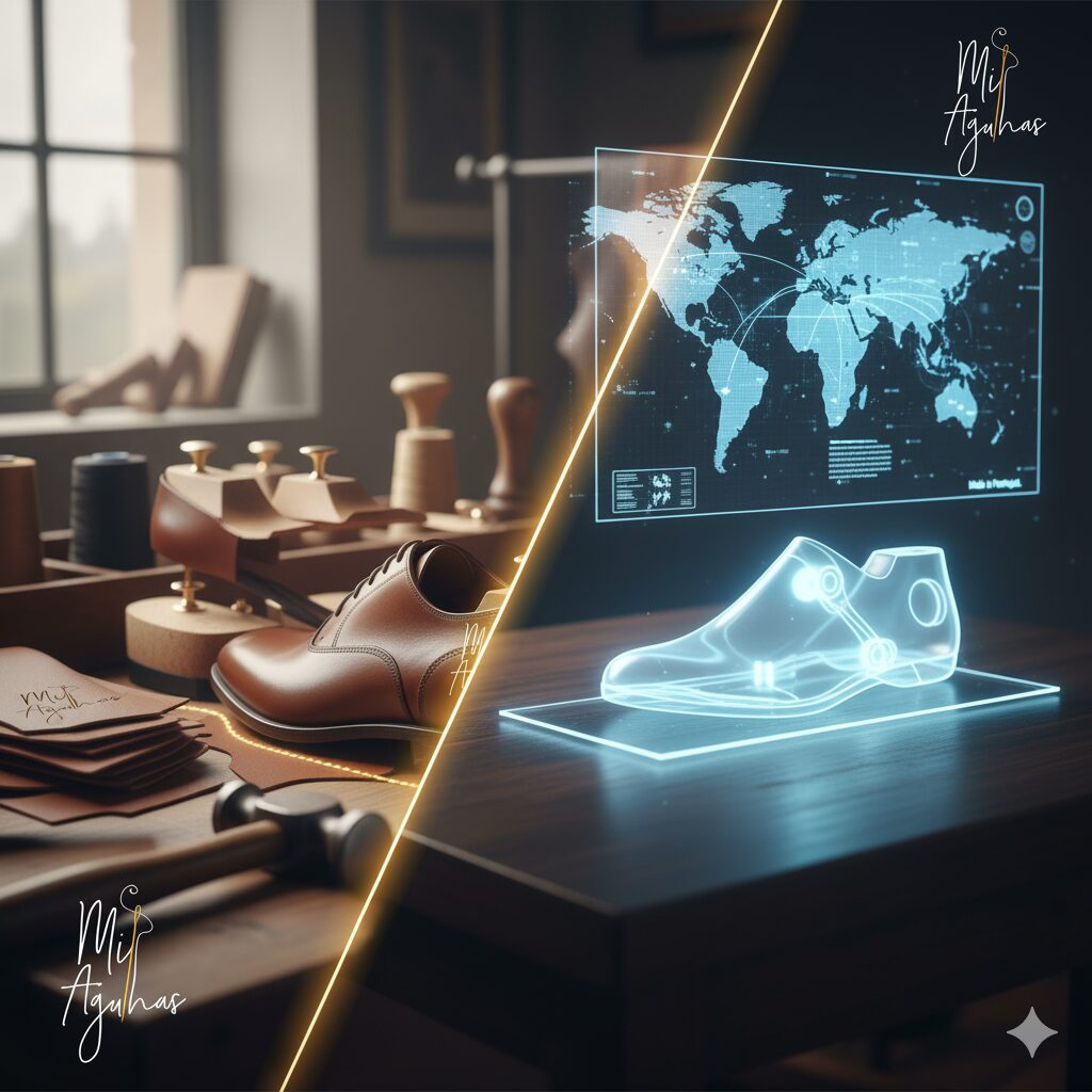 Imagem dividida na diagonal por uma linha dourada. Esquerda: sapatos de couro artesanais em uma bancada de sapateiro. Direita: um mapa-múndi digital e um diagrama de calçado em holograma. O logo 'Mis Agulhas' está visível em múltiplos pontos.