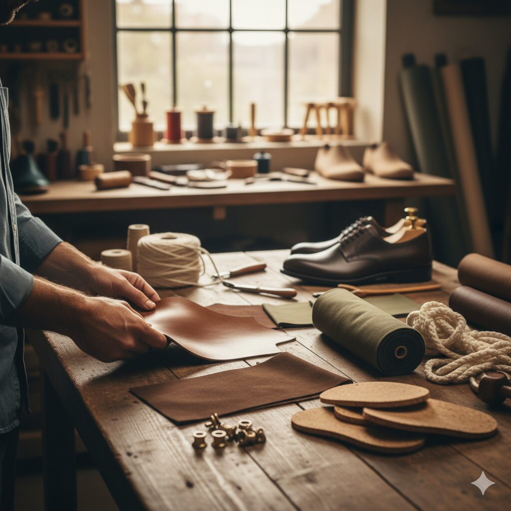 Mãos de um artesão sobre uma bancada de oficina cheia de materiais. Ele segura couro, enquanto rolos de lona verde, corda, solas pré-cortadas e um par de sapatos prontos são vistos ao redor. Um ícone do logo 'Mis Agulhas' está no canto inferior direito.