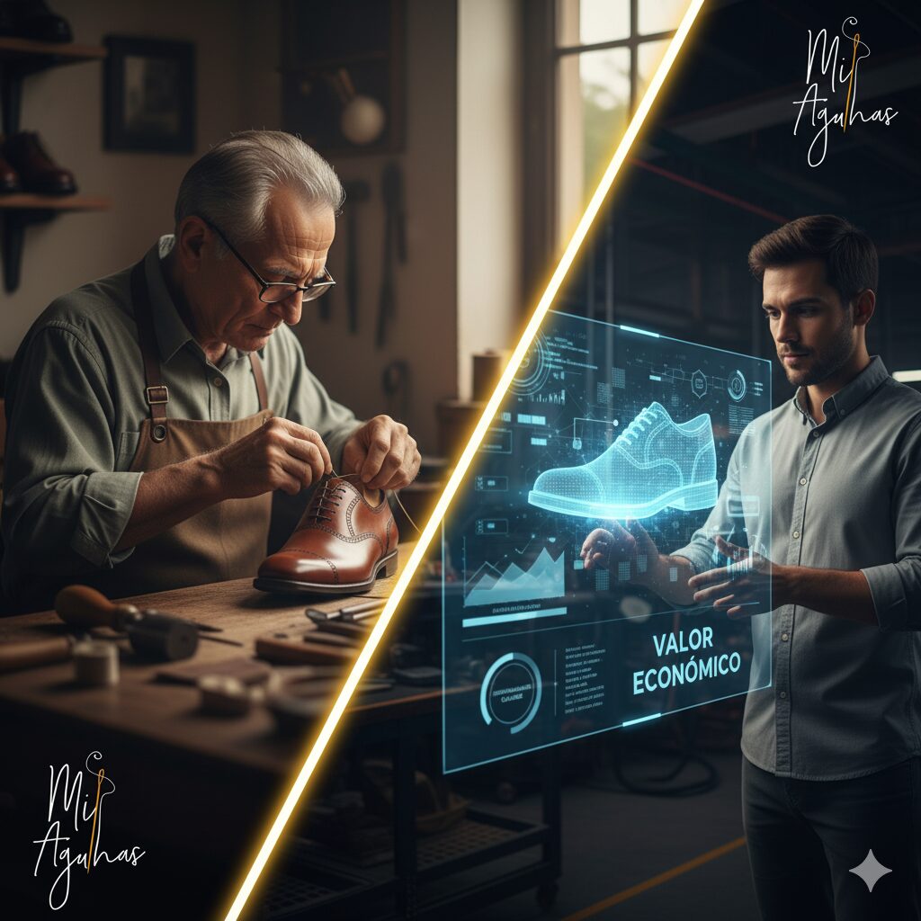 Imagem dividida na diagonal. Lado esquerdo: um artesão sapateiro mais velho, de avental, trabalha concentrado num sapato de couro. Lado direito: um homem jovem interage com um ecrã holográfico que mostra um modelo 3D de um sapato e dados sobre 'Valor Económico'. O logo 'Mis Agulhas' está presente.
