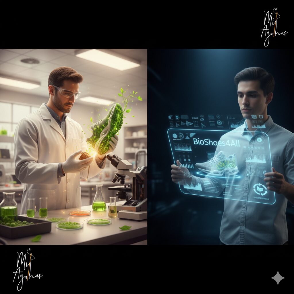 Imagem dividida em duas. À esquerda, um cientista de bata branca num laboratório segura um tênis brilhante feito de folhas verdes. À direita, um homem segura um ecrã holográfico que mostra um modelo 3D do mesmo tênis e o texto 'BioShoes4All'. O logo 'Mis Agulhas' está nos cantos.