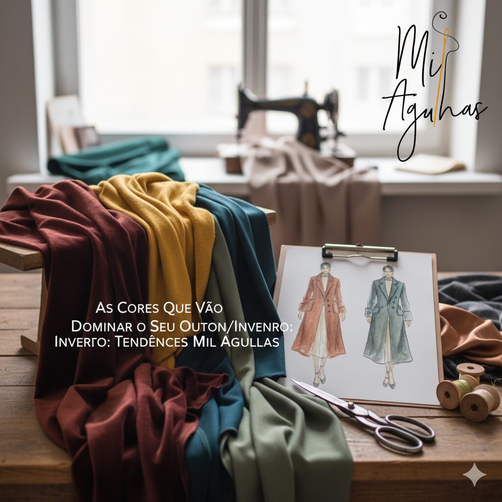 Paleta de cores da moda Outono/Inverno, mostrando amostras de tecido de várias texturas e cores populares (como bordeaux, verde-esmeralda, azul-cobalto e camel). O logótipo "Mil Agulhas" está discretamente colocado na imagem, reforçando a consultoria de moda.