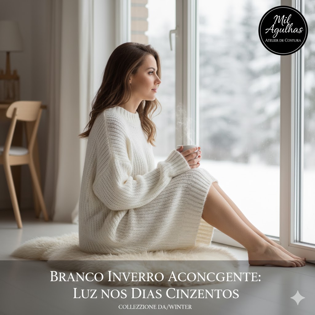 Uma mulher jovem, sentada no chão junto a uma grande janela num dia de inverno, veste uma camisola de malha branca aconchegante e segura uma chávena quente. A paisagem exterior está coberta de neve. O logótipo "Mil Agulhas" e o título "Branco Inverno Aconchegante: Luz nos Dias Cinzentos" estão sobrepostos na imagem.