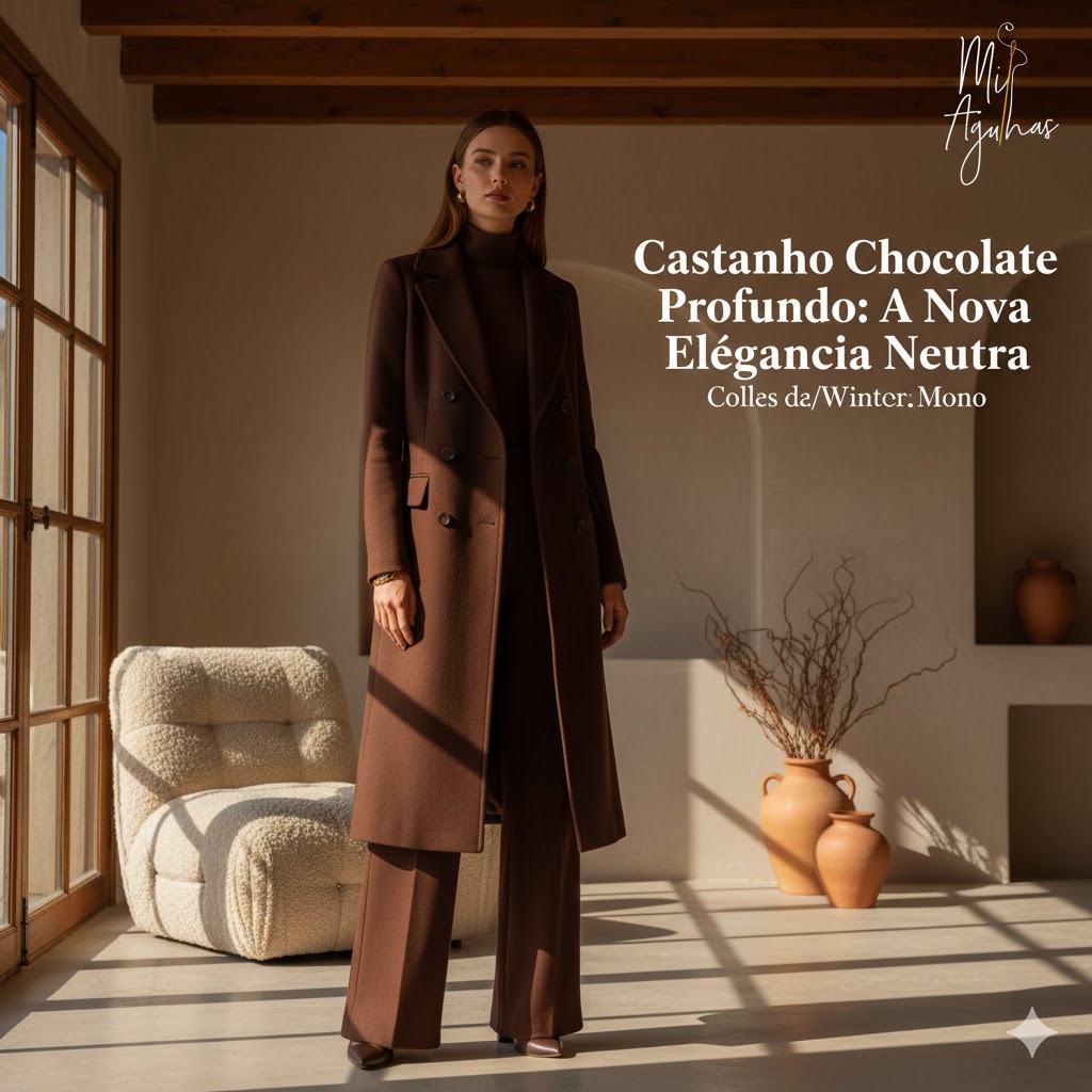 Uma modelo elegante veste um coordenado monocromático em castanho chocolate profundo, composto por um casaco trespassado e calças largas, posando num interior minimalista e luminoso. O logótipo "Mil Agulhas" está no canto superior direito e o texto "Castanho Chocolate Profundo: A Nova Elegância Neutra" está sobreposto na imagem.