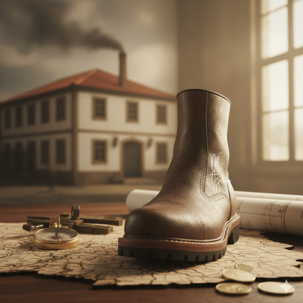 Stivale de couro marrom em uma mesa rústica com um mapa antigo, bússola e moedas. Ao fundo, uma fábrica com chaminé soltando fumaça e uma janela, sob um céu nublado. O logo 'Mis Agulhas' está no stivale e nos cantos inferior esquerdo e superior direito.