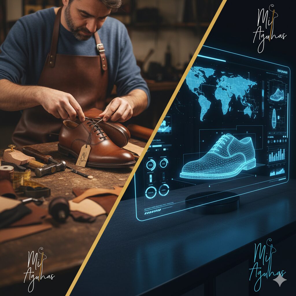 Imagem dividida na diagonal. Lado esquerdo: um sapateiro com avental de couro coloca cadarços num sapato marrom. Lado direito: um ecrã digital exibe um modelo 3D 'wireframe' do sapato, um mapa-múndi e gráficos de dados. O logo 'Mis Agulhas' está presente.