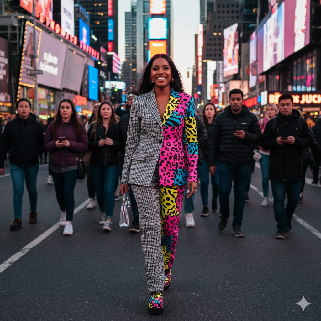 O Elemento Surpresa – O Padrão Inesperado Mulher sorridente e confiante em um terno dividido: metade xadrez clássico e metade estampado com padrões vibrantes e coloridos, caminhando em uma rua movimentada da cidade.