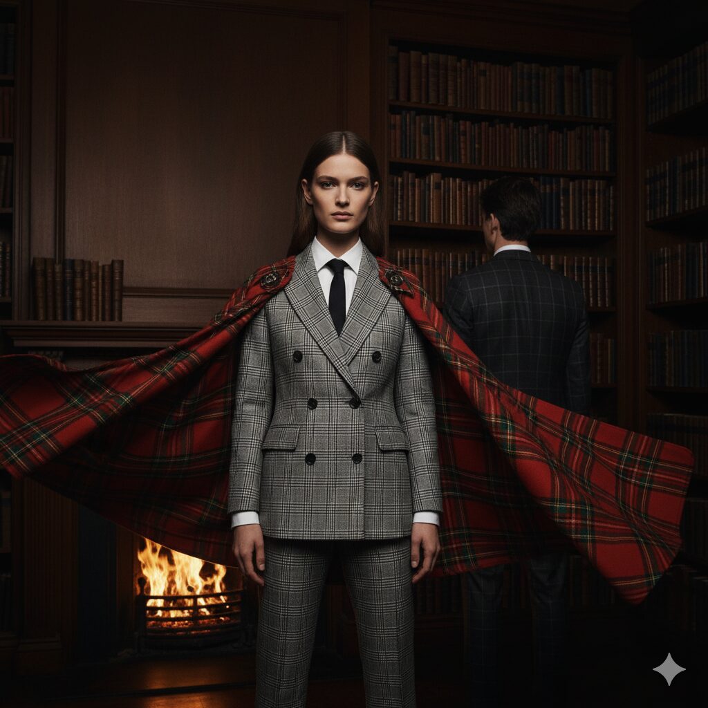 O Xadrez Clássico: O Príncipe de Gales e o Tartan Uma mulher vestindo um elegante terno xadrez Príncipe de Gales e uma capa esvoaçante de tartan vermelho, em uma biblioteca clássica com lareira acesa, com um homem em outro terno xadrez ao fundo.