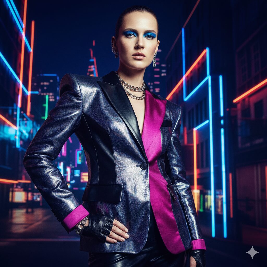 O Apelo à Ousadia Mulher com maquiagem audace e blazer metálico em roxo e fúcsia, posando em um cenário urbano noturno com luzes neon.