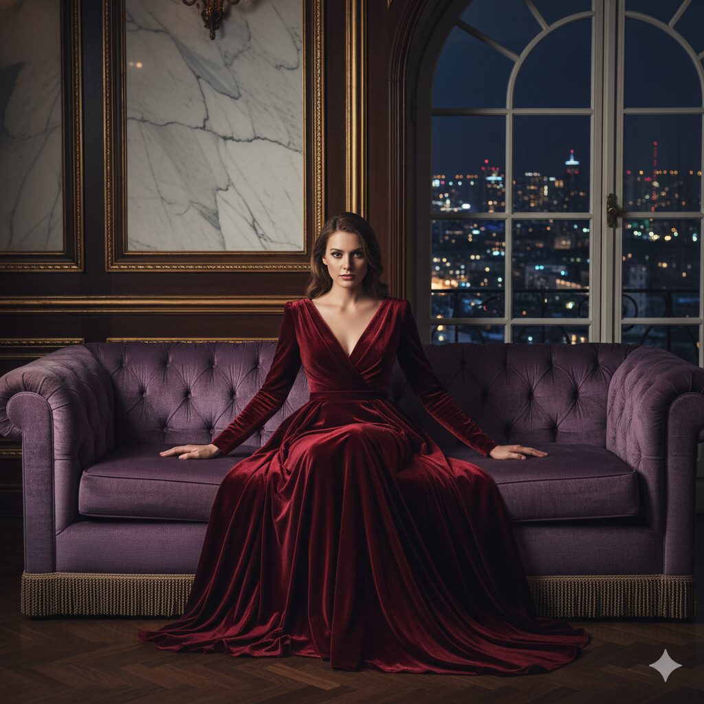 O Regresso Triunfal do Veludo: Luxo Tátil Mulher elegante em um deslumbrante vestido de veludo vinho, sentada em um sofá roxo de veludo em um interior luxuoso com vista para uma paisagem urbana noturna.