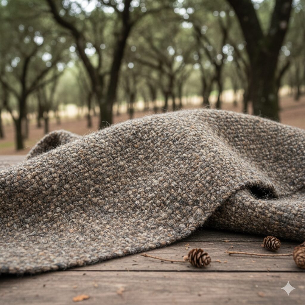 Uma peça de tecido burel castanho-acinzentado, rústico e texturizado, dobrada sobre uma mesa de madeira envelhecida. Pinhas secas e pequenos galhos estão espalhados pela mesa no primeiro plano. Ao fundo, árvores com folhagem densa formam uma floresta desfocada.