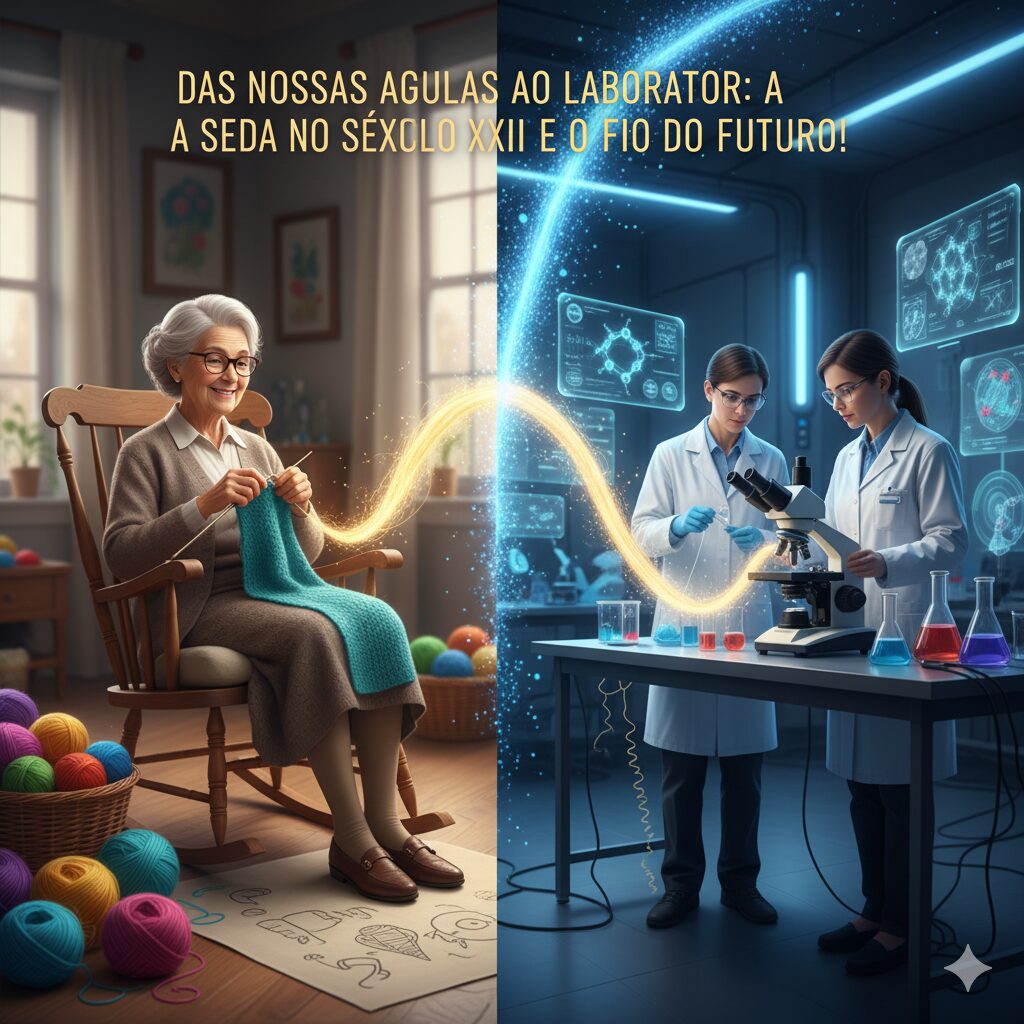 Das Nossas Agulhas ao Laboratório: A Seda no Século XXI e o Fio do Futuro Uma imagem dividida que contrasta o tradicional e o moderno. À esquerda, uma senhora idosa sorridente sentada numa cadeira de baloiço, tricotando com lã colorida, num ambiente doméstico acolhedor. À direita, dois cientistas num laboratório futurista, com microscópios, frascos e ecrãs digitais. Um feixe de luz energética conecta o fio de lã da senhora ao ambiente do laboratório, simbolizando a evolução da seda.