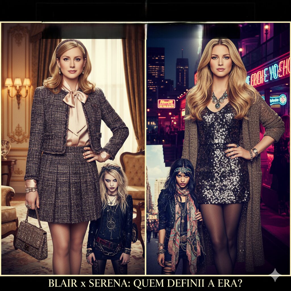 Caso de Estudo 1: Gossip Girl (2007) e a Batalha de Estilos de Manhattan Duas colagens verticais com mulheres que representam os estilos contrastantes de "Gossip Girl": um estilo preppy e clássico, e um estilo boêmio e descontraído, com versões infantis ao lado.