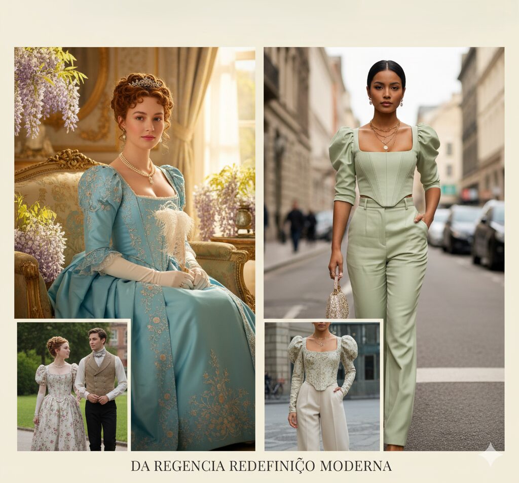 GeminiaCaso de Estudo 2: Bridgerton (2020) e o Nascimento do 'Regency-Core'_Generated_Image_5uxs7k5uxs7k5uxs  Três mulheres em vestidos de baile estilo Regência, com espartilhos, luvas longas e penteados elaborados, em um salão de baile opulento iluminado por candelabros.
