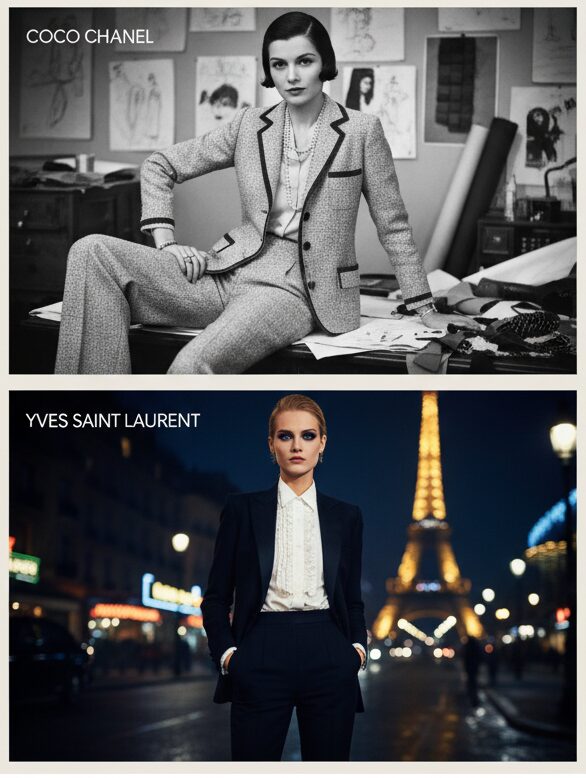 Fase 2: A Revolução (Coco Chanel e Yves Saint Laurent) Duas imagens em preto e branco de mulheres em trajes icónicos: uma vestindo um tailleur Chanel em um atelier, e outra em um smoking YSL em Paris à noite.