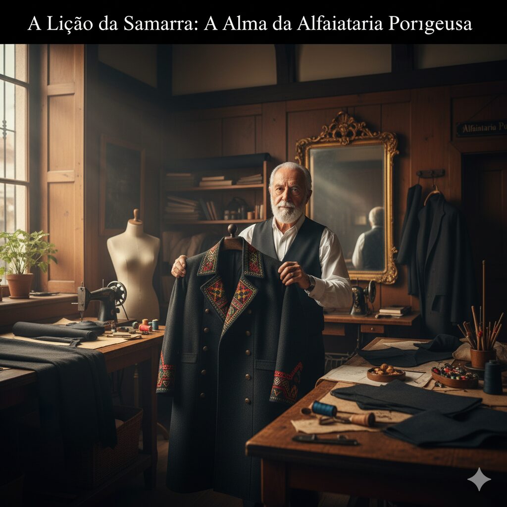 A Lição da Samarra: A Alma da Alfaiataria Portuguesa Um alfaiate idoso e experiente, com barba branca e um sorriso acolhedor, apresenta orgulhosamente uma samarra tradicional ricamente bordada, em uma alfaiataria clássica. O ateliê está repleto de máquinas de costura antigas, tecidos, moldes e um espelho dourado, refletindo a atmosfera de artesanato e tradição.