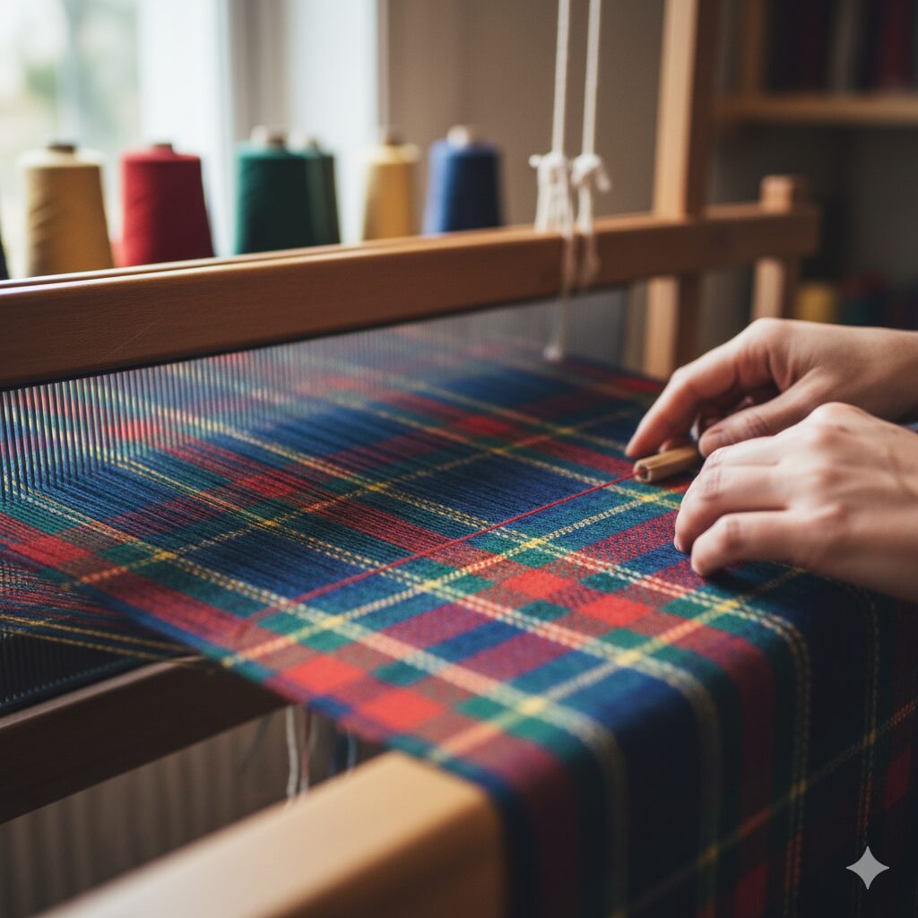 A Técnica: Como um Padrão Xadrez Nasce Mãos femininas trabalhando em um tear manual, tecendo um tecido com um padrão xadrez (tartan) em tons de azul escuro, vermelho, verde e amarelo, com bobinas de fio coloridas ao fundo.