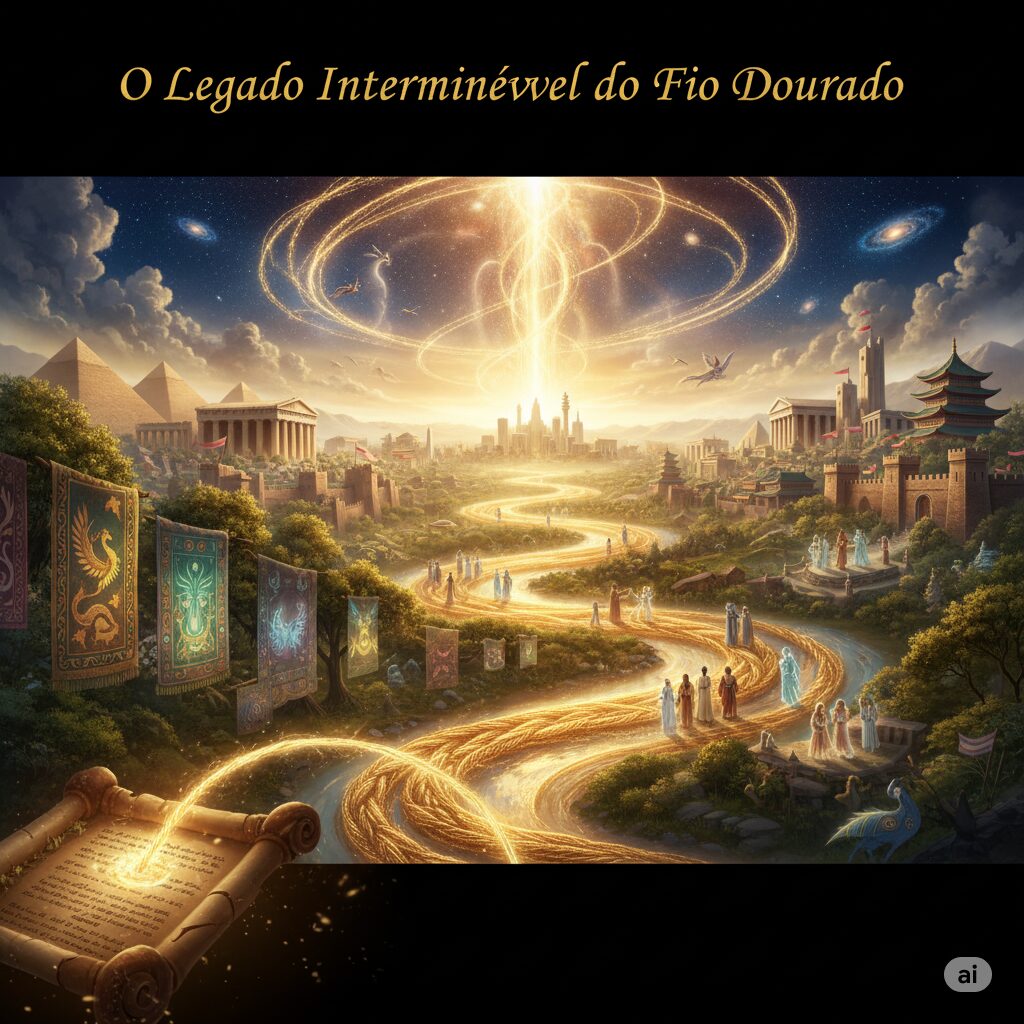 O Legado Interminável do Fio Dourado Uma imagem épica e fantástica que retrata um fio dourado e luminoso que serpenteia através de várias civilizações e épocas, simbolizando o legado contínuo da seda. O fio passa por templos antigos, pirâmides, cidades medievais e orientais, com figuras humanas de diferentes eras a interagir com ele. No céu, um vórtice de luz dourada brilha intensamente.