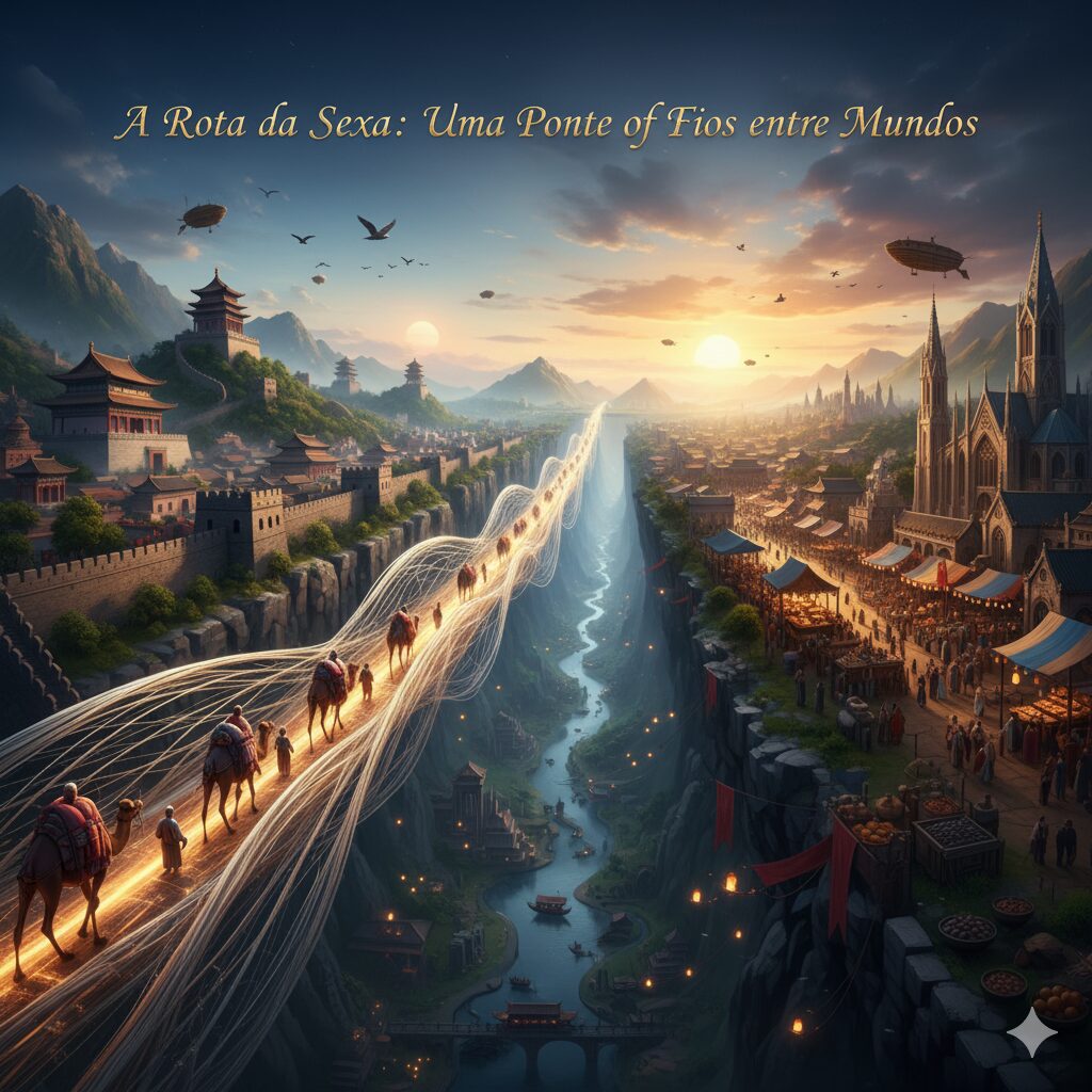 A Rota da Seda: Uma Ponte de Fios entre Mundos Uma imagem panorâmica que ilustra a Rota da Seda como uma ponte luminosa de fios que conecta o Oriente e o Ocidente. À esquerda, uma paisagem chinesa com muralhas e templos. À direita, uma cidade europeia com catedrais góticas e um movimentado mercado. Caravanas de camelos percorrem a ponte de fios, enquanto um rio serpenteia por um vale profundo e balões de ar quente flutuam ao pôr do sol.