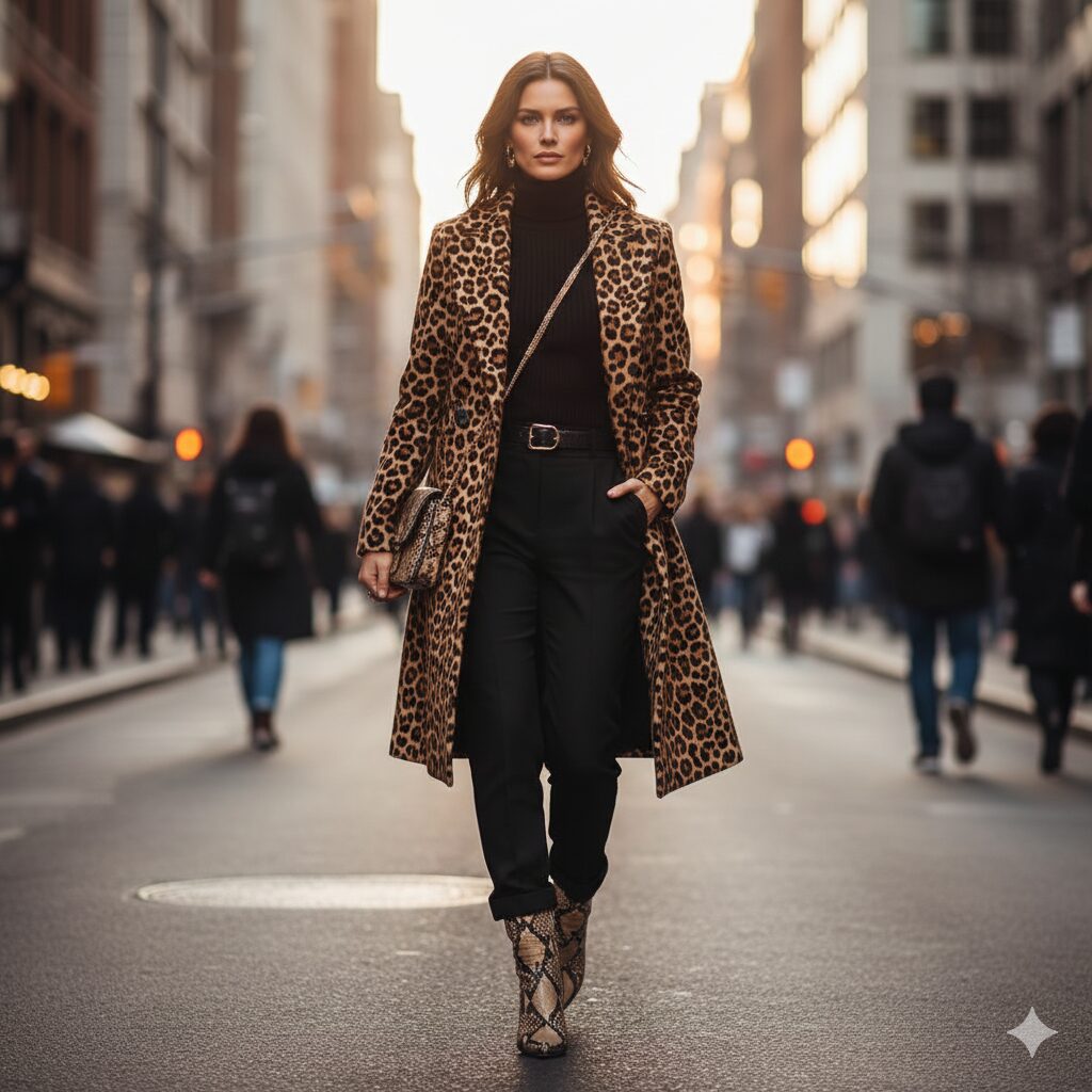 O Animal Print (Que já é um Neutro) Mulher elegante caminhando por uma rua da cidade, vestindo um casaco com estampa de leopardo, blusa preta de gola alta, calças pretas e botas com estampa de cobra.