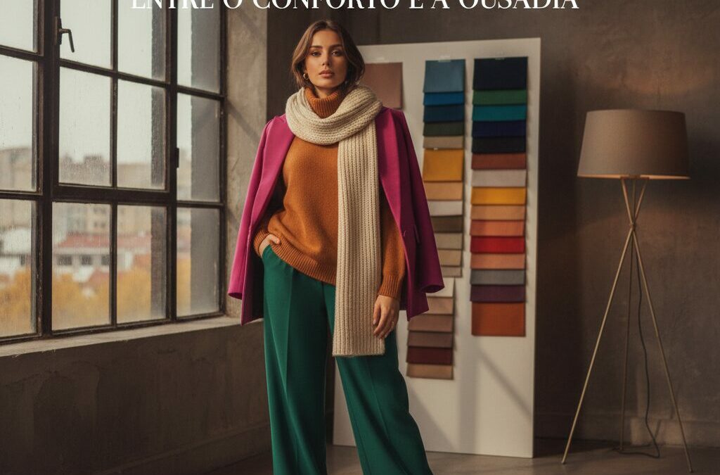Mulher elegante vestindo roupas de outono/inverno em cores contrastantes, com um mostruário de tecidos ao fundo.