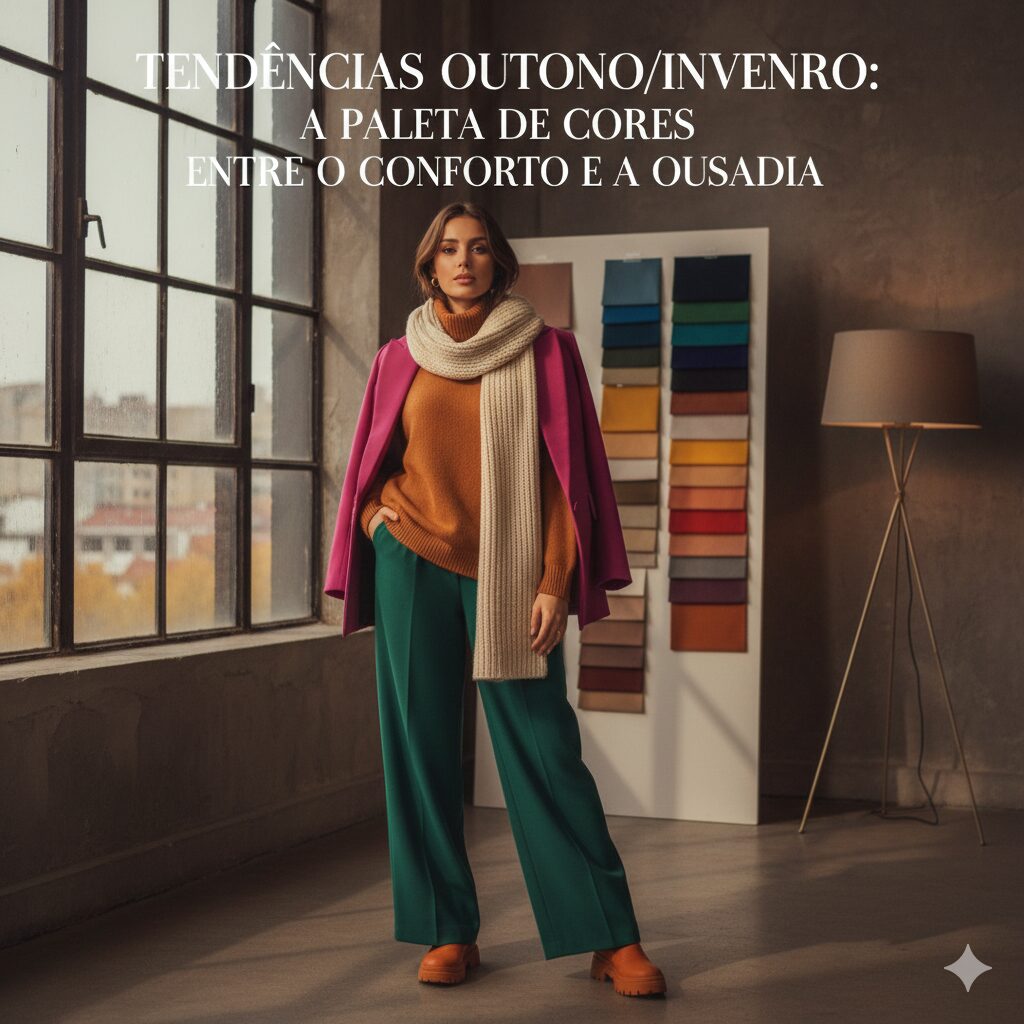 Mulher elegante vestindo roupas de outono/inverno em cores contrastantes, com um mostruário de tecidos ao fundo.