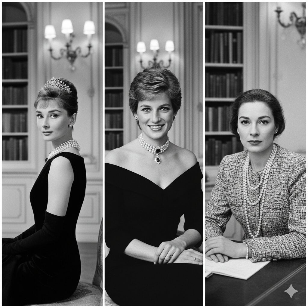 Conclusão: O Que Têm em Comum? Três painéis em preto e branco de Audrey Hepburn, Princesa Diana e uma mulher que evoca Coco Chanel, todas vestindo clássicos e pérolas, em ambientes sofisticados.