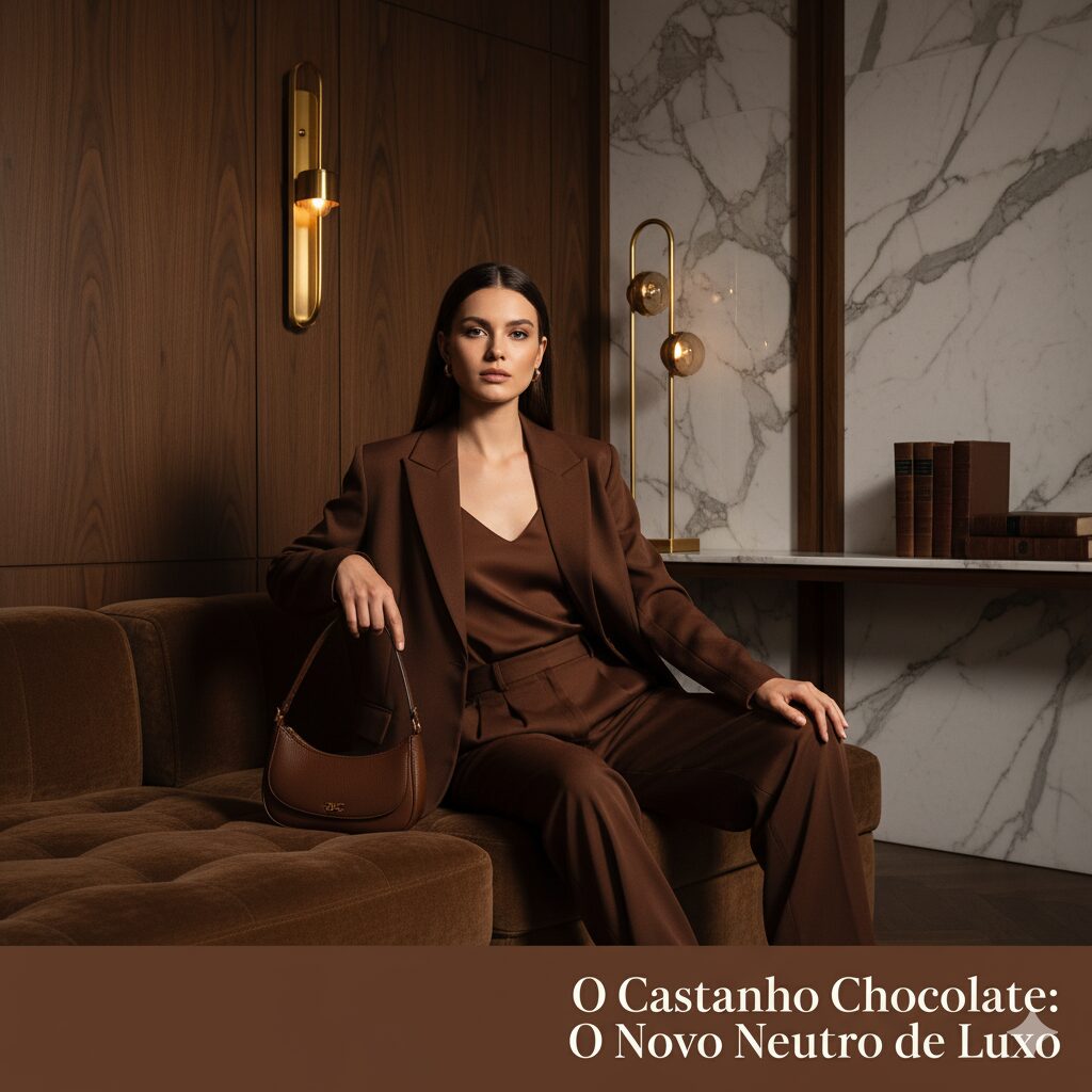 O Castanho Chocolate: O Novo Neutro de Luxo Mulher elegante vestindo um conjunto monocromático marrom chocolate, sentada em um sofá luxuoso com uma bolsa coordenada.