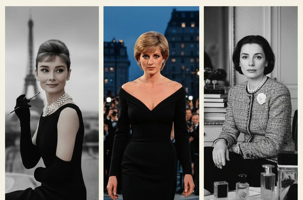 Três imagens em preto e branco de ícones da moda: Audrey Hepburn, Princesa Diana e Coco Chanel, destacando seus estilos clássicos e influentes.